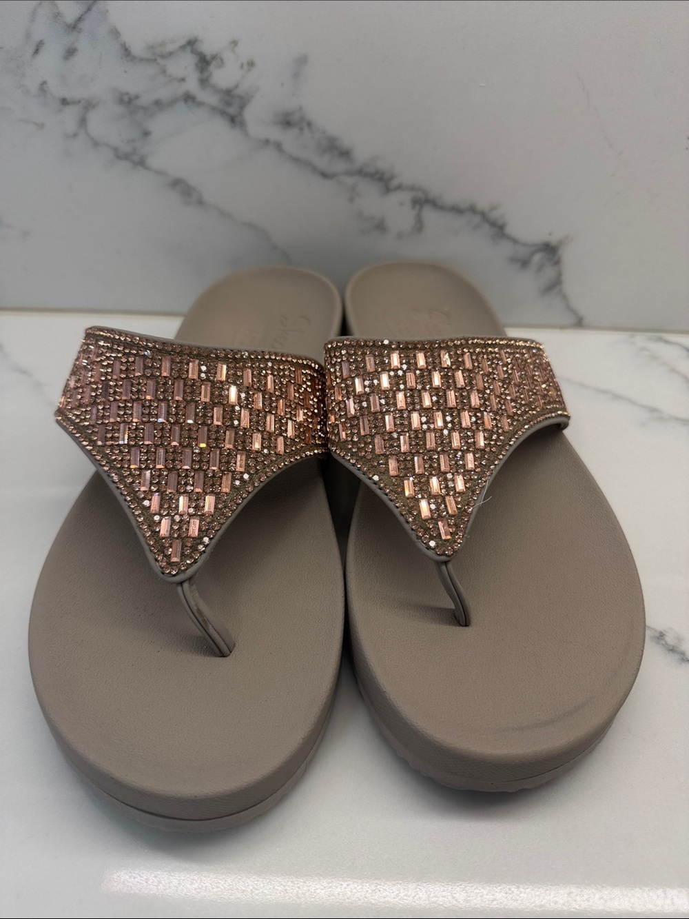 Skechers Women’s Taupe Sandals with Rose Gold Embellished Straps
